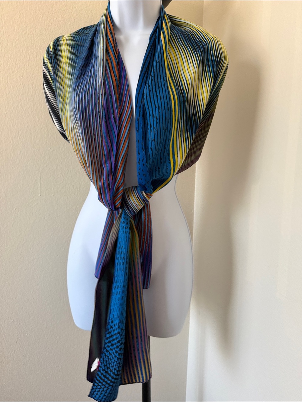 Echo Multicolor Striped Silk-Like Scarf with Blue, Yellow, Black Accents